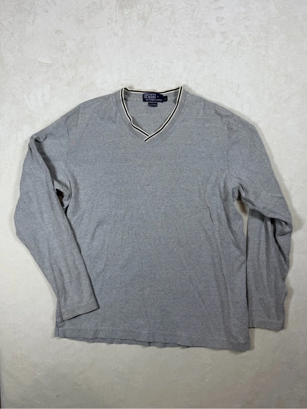 Polo Ralph Lauren Vintage Y2K Large Light Gray V-Neck Sweater with Contrast Trim